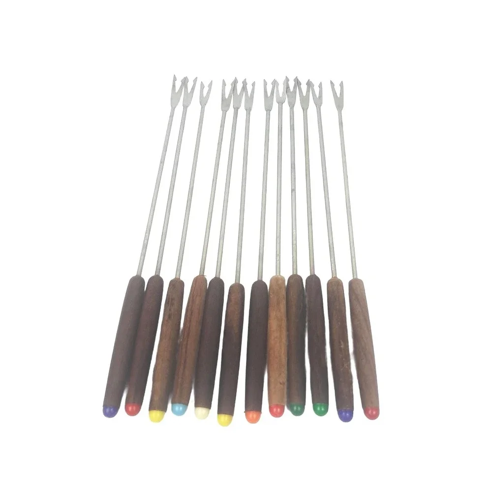 Vintage Mid Century Modern Wood Handle Fondue Forks Set of 12 Stainless Steel
